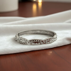 Silver Tone Crystal Hinged Bangle Bracelet
